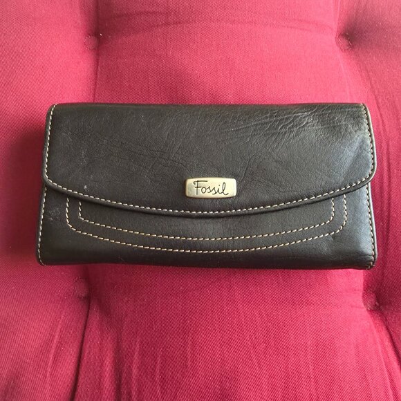 Vintage FOSSIL Genuine Leather Trifold Womens Wallet Credit Card Snap Black - Picture 1 of 12